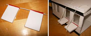 Two photos: (left) Two window-size foam core pieces, each with a piece of plastic straw glued to their short sides, with a piece of wire run through both straws. (right) A view of the exterior wall of a model house, with two window-sized boards positioned to extend out below two windows, with paperclips mounted to the roof above the windows and strings attached between the paperclips and outer light shelf edges.