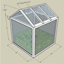 A 3-D drawing shows a 10 x 10 x 9 foot tall square building with a simple center-peak pitched roof.