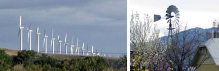 Two photos: A line of more than 15 gigantic, white, three-blade wind turbines on a high plateau (left), and a much shorter silver, metal 20-blade turbine with a perpendicular rudder blade next to a barn.