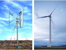 Two photos of tall wind turbines in open fields, one with blades that spin around the vertical center pole (left), and the other with three blades that spin like a pinwheel (right).