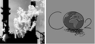 Two images: A photo shows emissions from tall smoke-stack towers of a power plant, and the hand-written letters C-O-2 with the Earth filling the inside of the O.