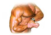 A photograph shows a very muscular person flexing their right bicep.