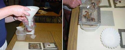 A photograph showing the activity "filters" in use. On the left is a picture of a person using a funnel to filter waste. On the right is a picture of a person pouring large pebbles onto a screen with fairly large-sized holes.