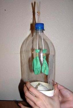 A photo shows a 2-liter bottle with two straws sticking through its screw-on cap. A balloon is held onto the ends of each straw with a rubber band. The bottom of the bottle has been cut off and a third, larger balloon covers the opening. A person's hand is pushing up on this bottom balloon to deflate the lungs.