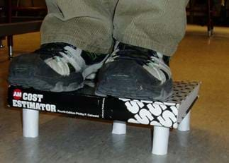 Picture of 150 lb. person standing on top of a book which is resting on top of five short paper columns.