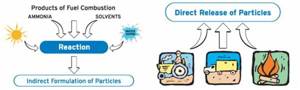 The top half of the image is a diagram showing how particulate matter is directly released from such sources as farming, truck emissions and fires. The second half is a diagram showing how particulate matter is indirectly emitted via reactions between ammonia, products of fuel combustion, solvents, sunlight and water vapor.