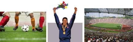 Three photos show legs of soccer players around a ball, athlete with arms raised and medal around her neck, interior of a huge, modern stadium filled with soccer-watching fans.