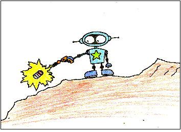 A colorful cartoon of a robot zapping a soda can off the ground with a laser gun.