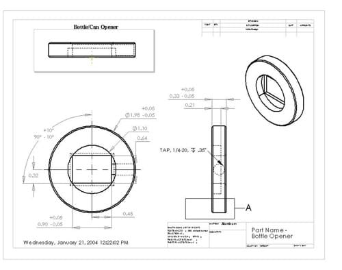 This drawing shows three different views for a bottle/can opener.