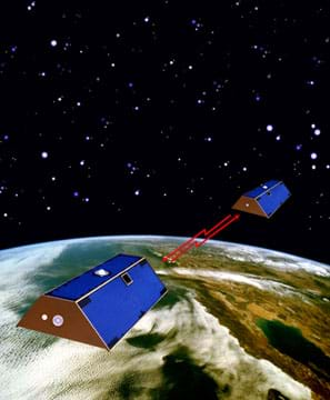 An artist's drawing of the two satellites orbiting high above the Earth with a backdrop of the dark expanse of space, punctuated with stars and planets. Two red arrows between the satellites conceptually point out the importance of the distance between the two in their purpose to measure changes in the Earth's gravitational field.