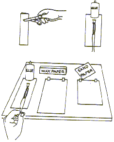 A drawing shows the activity setup steps: cutting out a note card, attaching a rubber band with a paper clip, and a tabletop setup to experiment with the desk, wax paper and sand paper surfaces to determine which has the most friction when rubbed with the note card.
