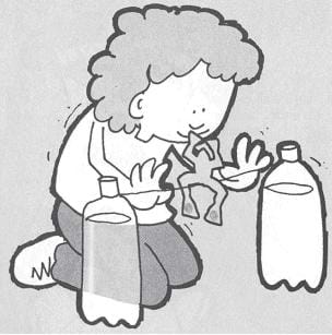 A line drawing illustrates the activity setup: a child experiments with a paper cut-out of a creature, trying to balance it on a tightrope made of string stretched between two full two-liter bottles.