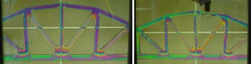 Two photographs of the same plastic arched bridge structure showing a rainbow of colors at the stressed bridge support junction locations (left photograph) and in reaction to the stress exerted by a finger pushing down on the top arch support (right photograph).