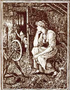 A beautiful illustration showing a girl and her spinning wheel surrounded by straw, and a little gnome peeking into the room through a doorway.