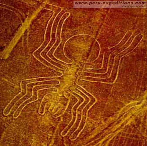 Sepia-colored photograph of what looks like a spider shape formed in the surface of the Earth.