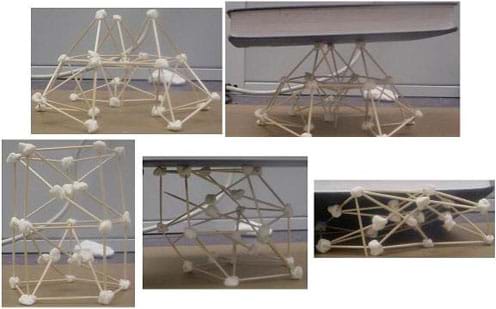 This series of photographs shows two structures made of toothpicks and marshmallows. The first structure is able to hold the weight of a book; the second structure collapses under the weight of the same book.