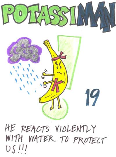 Drawing shows "PotassiMan" - a banana with arms and legs and a "K" on his chest, fighting a rain cloud.