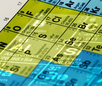 Artsy photo shows portion of the periodic table with colorful boxes that provide elements' atomic numbers, abbreviations, names, and atomic mass.