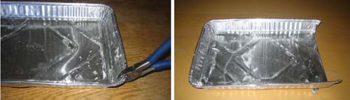 Two photos show wire cutters snipping the baking pan, and one end flap folded entirely under the pan.