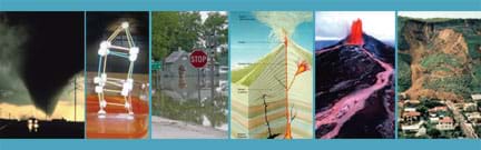 Six images: (left to right) Photo of a TX tornado's black funnel cone looking huge in a street scene with telephone poles, photo of homemade mini-marshmallow-toothpick structure wobbling on a bed of Jello-O, photo shows a Clarksville, MO, street intersection submerged in Mississippi River water, cutaway diagram shows underground layers and parts of a volcano, photo shows red lava spewing and flowing down a Kilauea, HI, slope, aerial photo shows hillside and road that slid down into a La Conchita, CA, neighborhood of houses.