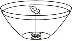 A drawing of a bowl, ½ filled with water, with a large X on the bottom. Styrofoam peanuts, skewed by a needle, float on the water above the X.