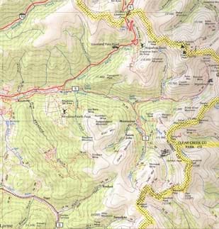 A section of a topographical map of the Red Cone Pass area in central Colorado, showing elevation contour lines, peaks and trails.