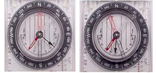 Two photos of the same compass, one before and the other after the magnetic declination has been corrected. The left compass shows no declination correction. The red arrow is pointing directly north. The right compass shows a declination correction of 20 degrees west. The red arrow is pointing toward 340 degrees, which is 20 degrees west of north.