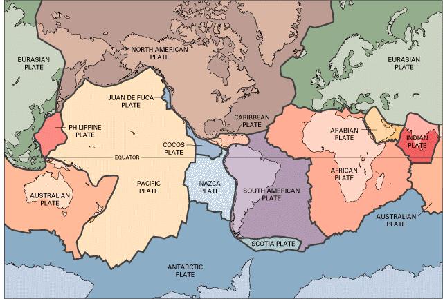 Map shows all the continents with lines drawn to mark edges of 14 major plates.