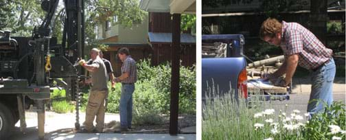 Two photos: (left) A truck-mounted drill rig bores into the soil, and (right) a man writes notes about core samples laid on a pickup truck bed.