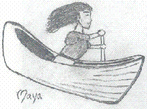 Black and white sketch of Spaceman Rohan's and Spacewoman Tess' daughter, Maya; looks like a long-haired girl paddling a canoe.