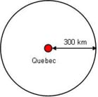 A line drawing shows a two-inch diameter circle with a red circle in the center. The red circle represents Quebec (Canada). A black arrow is drawn from the red inner circle to the outer circle, indicating a distance of 300 km. The image demonstrates the first stage of using triangulation to determines one's location.