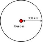 A line drawing shows a two-inch diameter circle with a red circle in the center. The red circle represents Quebec (Canada). A black arrow is drawn from the red inner circle to the outer circle, indicating a distance of 300 km. The image demonstrates the first stage of using triangulation to determines one's location.