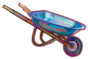 A drawing of a wheelbarrow that has one wheel, a bowl-shaped container area and two poles that connect to the wheel and serve as push handles.