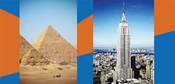 Two photos: Two enormous, pointed sand-covered Egyptian pyramids. The Empire State Building towering over New York City.