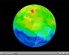  A colorful digital image of the globe shows blotchy area of blue, yellow, green and red covering one side of the Earth, with a clearly visible red patch over the US eastern seaboard.