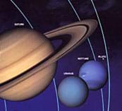 Drawing shows Saturn with its ring in the foreground, with the smaller orbs of Uranus, Neptune and Pluto in the background.