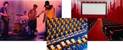 Three photos: A four-member band plays in low-light. A close-up of knobs and sliders on sound recording mixer equipment. A view of the inside of a movie theater with auditorium seating and fabric-covered walls.