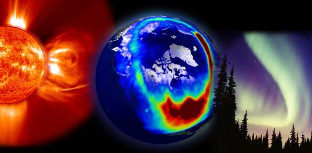 A colorful collage of the Sun and the Earth hovering over our known environment of trees and the sky.