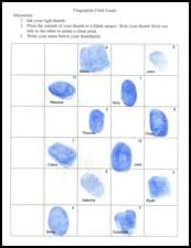 A grid with blue inked fingerprints in some cells, with names and numbers.