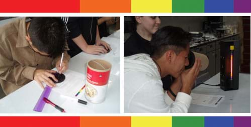 Two photos: A student uses an x-acto-knife to cut a hole in the lid of an oatmeal container, and a student looks through his finished spectrograph at a gas discharge tube.