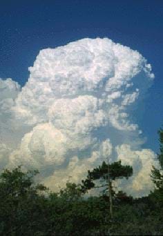 Photo shows gigantic white puffy clouds filling a blue sky.