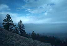 Photo shows a sky filled with many low-hanging, flat, gray clouds.