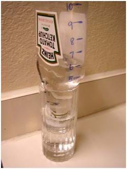 Photo shows a clear and clean plastic ketchup bottle turned upside down with its neck in a clear drinking glass. The bottle and glass are each about half full of water.