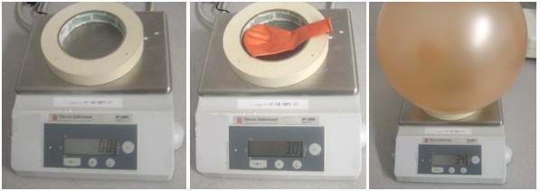 Three photos show the demonstration steps of weighing a balloon before and after it is inflated.