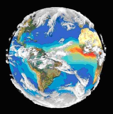 A drawing shows the globe with oceans, continents and occasional white cloud formations.