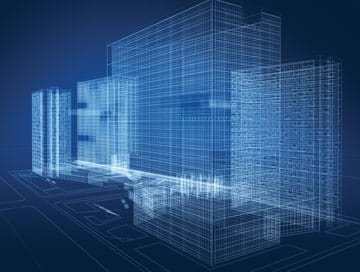 A computer-generated 3D representation of an office building space that looks like a combination of a blueprint and an x-ray of a multistoried and multi-towered office complex.