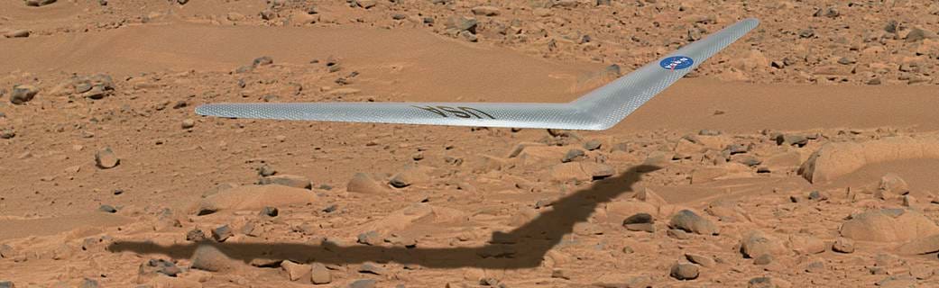 Futuristic plane flying over Mars landscape