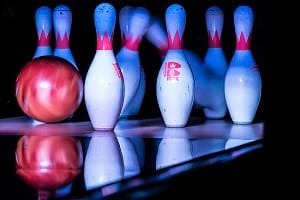 An example collision of a bowling ball about to hit bowling pins.