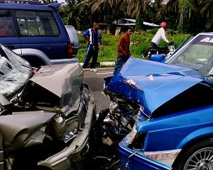 A head-on collision involving two cars.