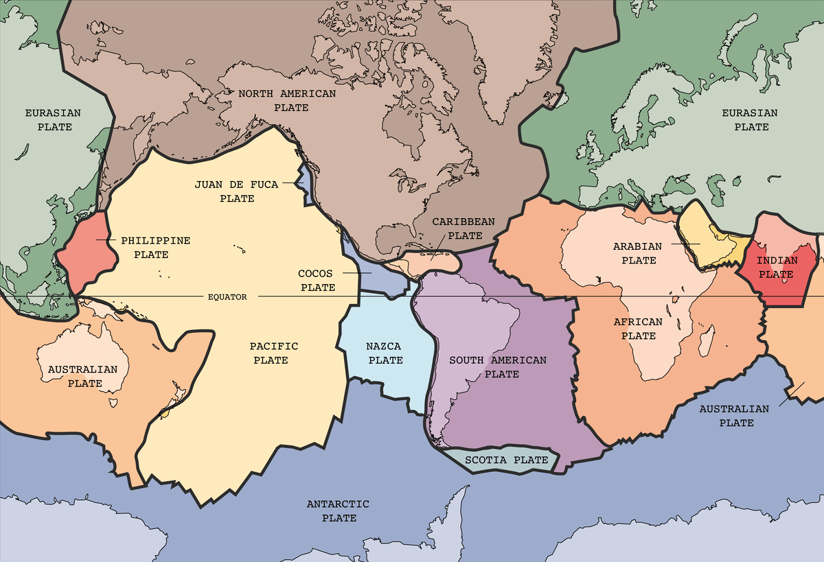A map of the world showing each continent's tectonic plate in a different color.
